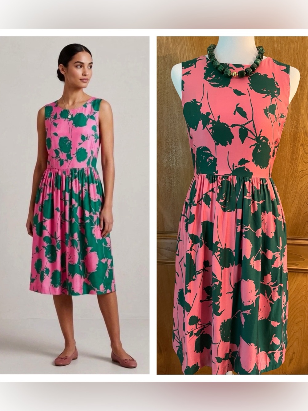 Sz 2 Boden Sylvia Pink & Dark Green Floral Silk Blend Sleeveless Midi Dress